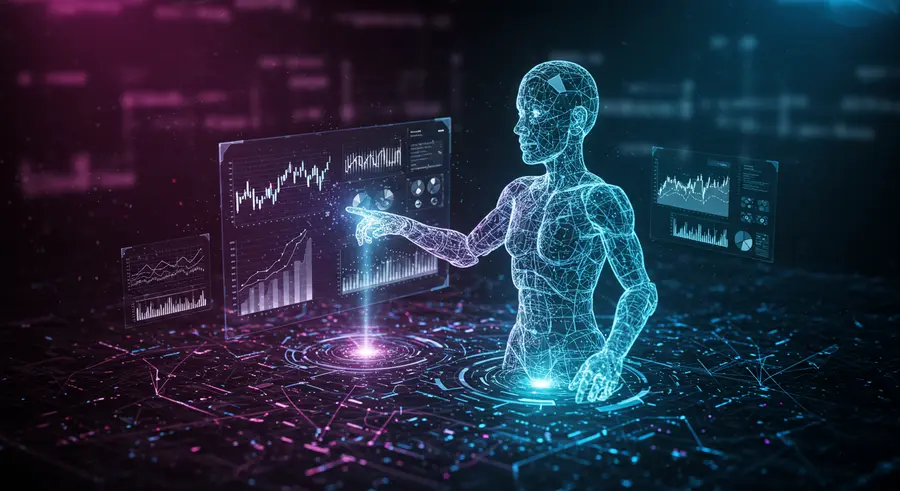 AI in FinTech, artificial intelligence interacting with financial charts and data